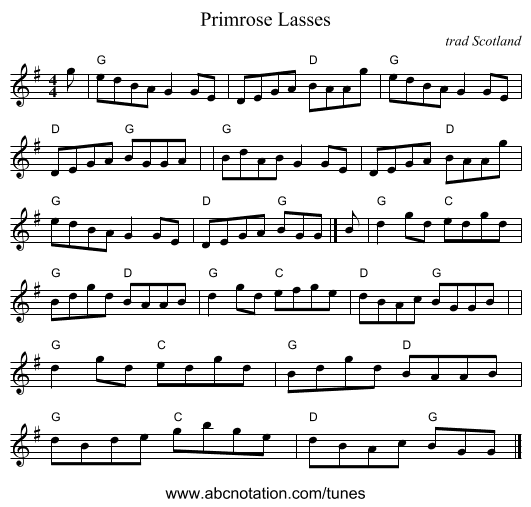 Primrose Lasses - staff notation