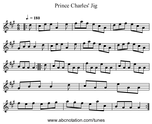 Prince Charles' Jig - staff notation