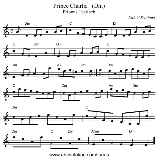 Prince Charlie   (Dm) - staff notation