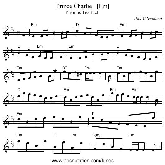 Prince Charlie   [Em] - staff notation