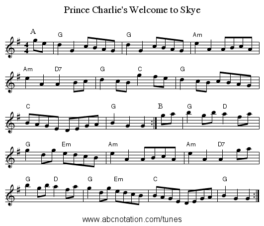 Prince Charlie's Welcome to Skye - staff notation
