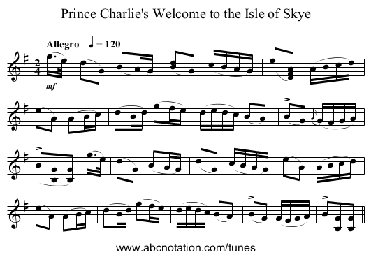 Prince Charlie's Welcome to the Isle of Skye - staff notation