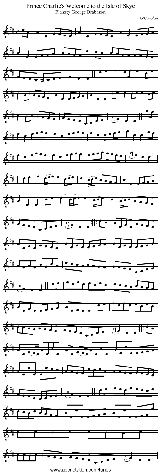 Prince Charlie's Welcome to the Isle of Skye - staff notation