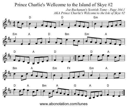 Prince Charlie's Wellcome to the Island of Skye #2 - staff notation