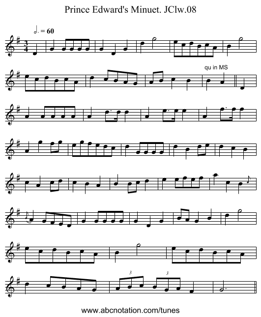 Prince Edward's Minuet. JClw.08 - staff notation