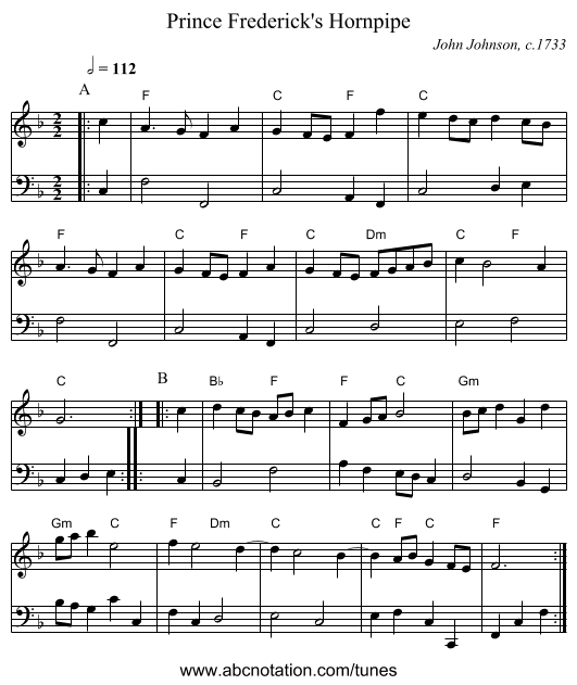 Prince Frederick's Hornpipe - staff notation