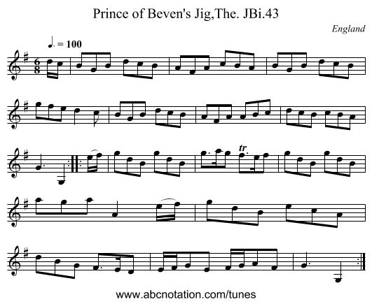 Prince of Beven's Jig,The. JBi.43 - staff notation