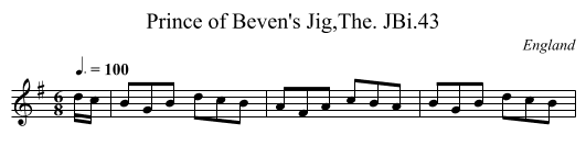 Prince of Beven's Jig,The. JBi.43 - staff notation