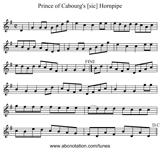 Prince of Cabourg's [sic] Hornpipe - staff notation