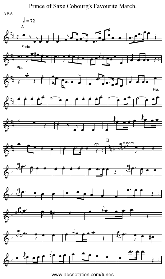 Prince of Saxe Cobourg's Favourite March. - staff notation