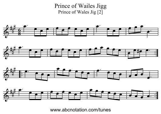 Prince of Wailes Jigg - staff notation