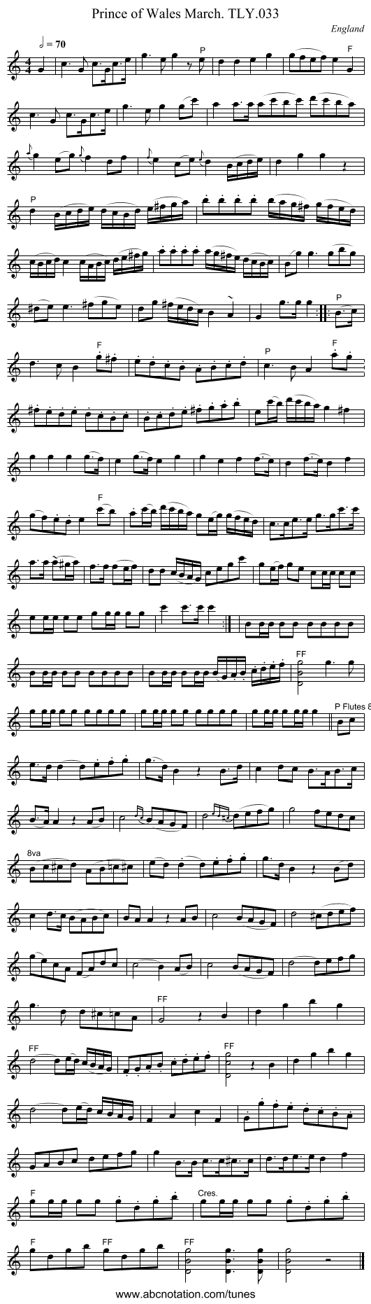 Prince of Wales March. TLY.033 - staff notation