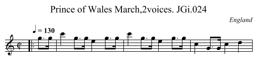Prince of Wales March,2voices. JGi.024 - staff notation