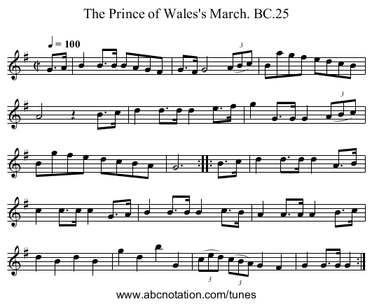 Prince of Wales's March. BC.25, The - staff notation