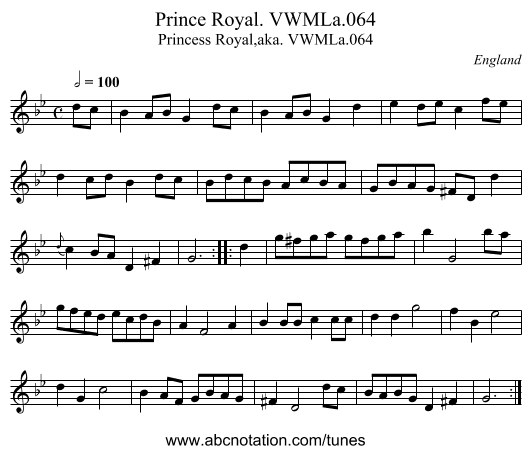 Prince Royal. VWMLa.064 - staff notation