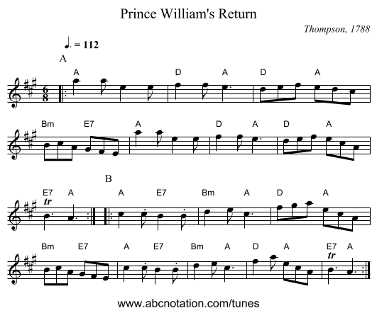 Prince William's Return - staff notation