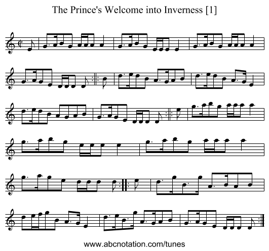 Prince's Welcome into Inverness [1], The - staff notation
