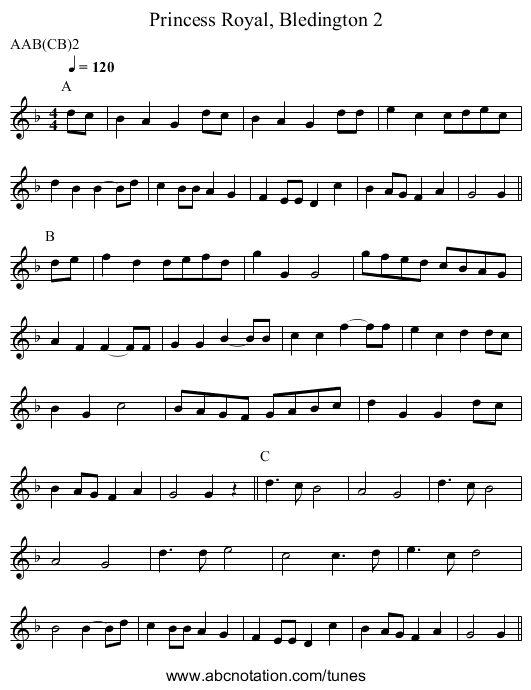 Princess Royal, Bledington 2 - staff notation