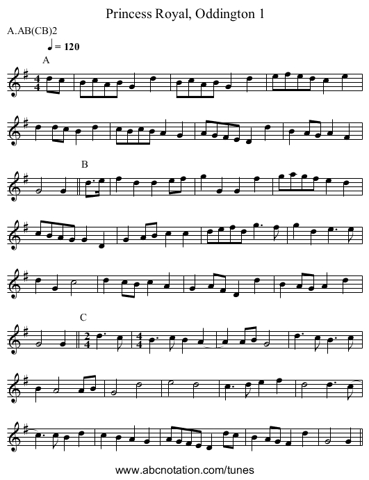 Princess Royal, Oddington 1 - staff notation