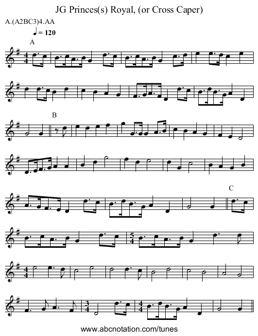 Princes(s) Royal, (or Cross Caper), JG - staff notation