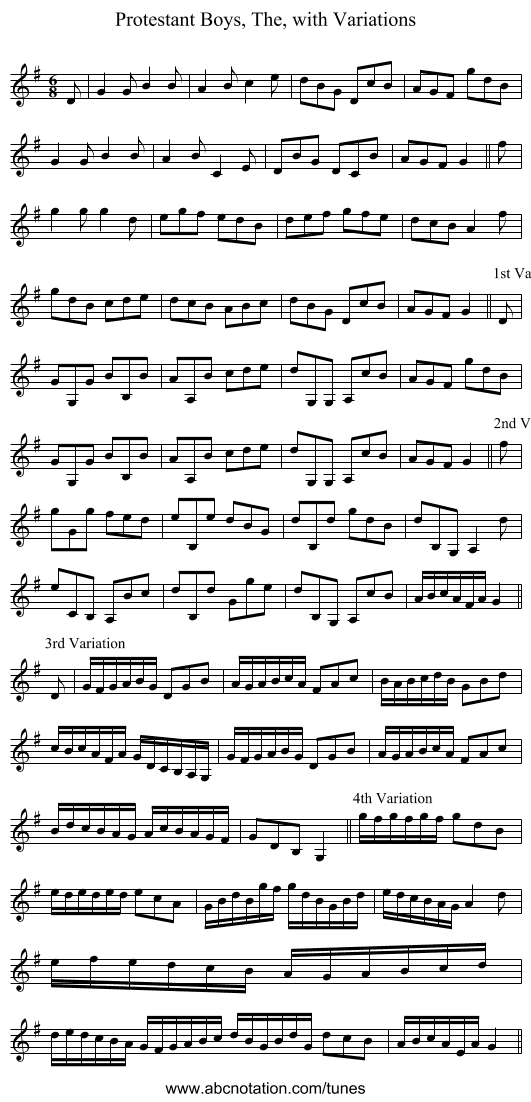 Protestant Boys, The, with Variations - staff notation