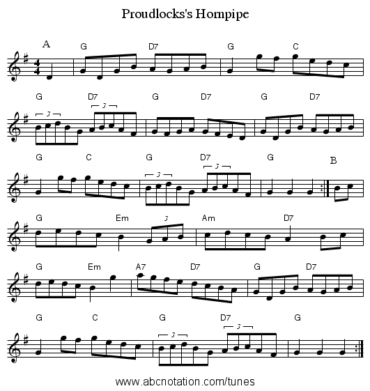 Proudlocks's Hornpipe - staff notation