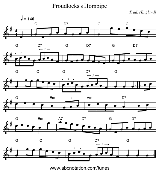 Proudlocks's Hornpipe - staff notation