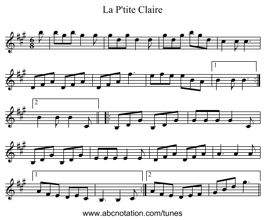 P'tite Claire, La - staff notation