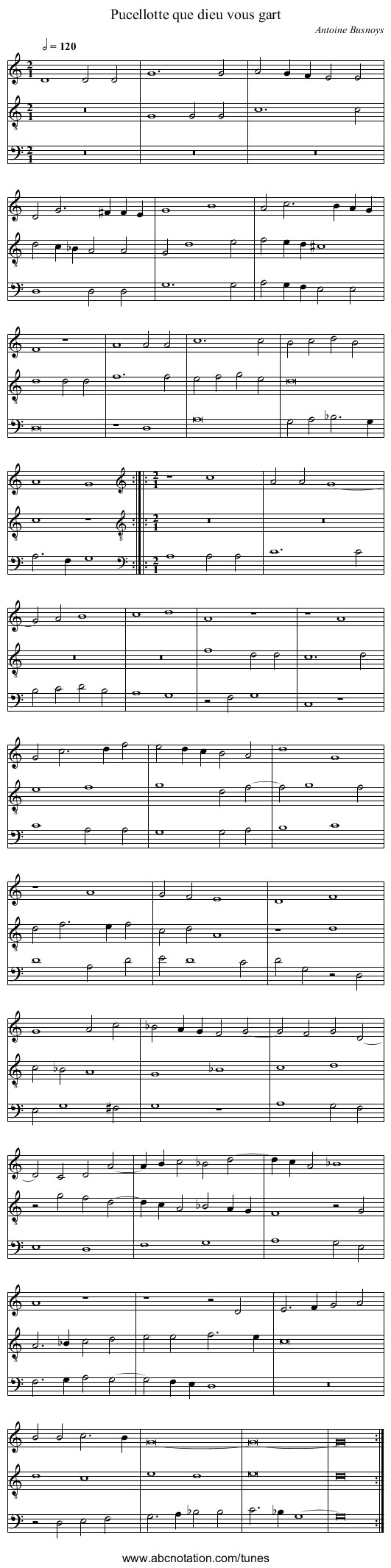 Pucellotte que dieu vous gart - staff notation
