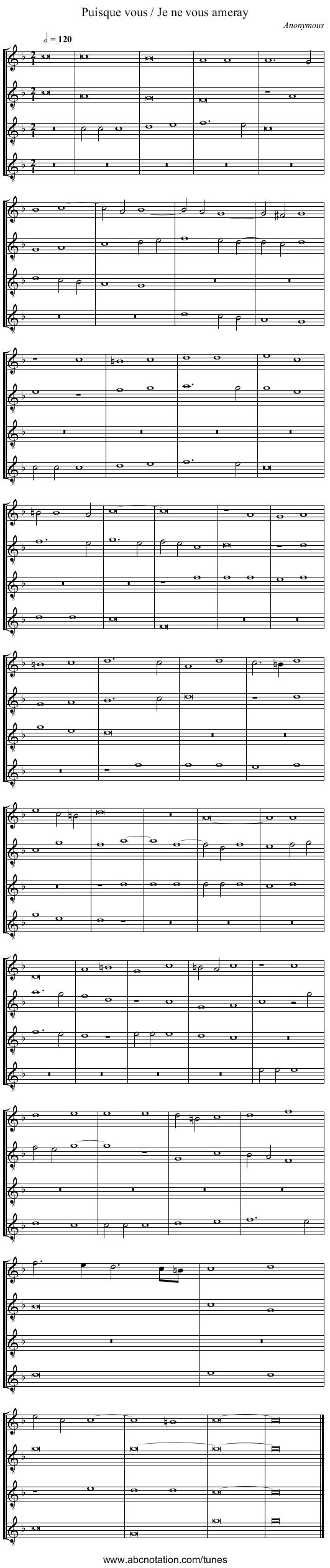 Puisque vous / Je ne vous ameray - staff notation