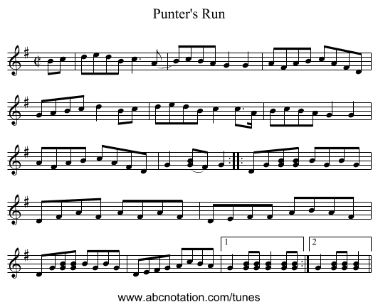 Punter's Run - staff notation