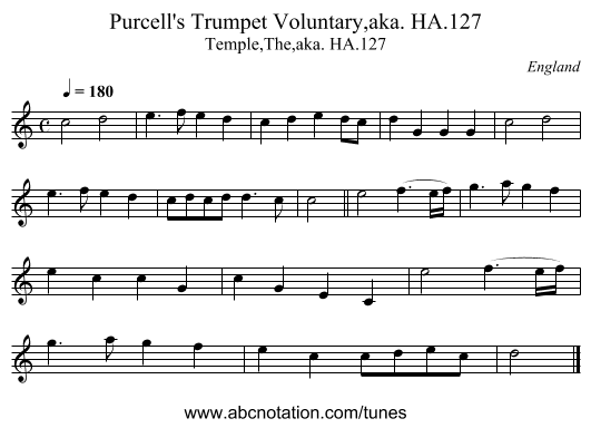 Purcell's Trumpet Voluntary,aka. HA.127 - staff notation
