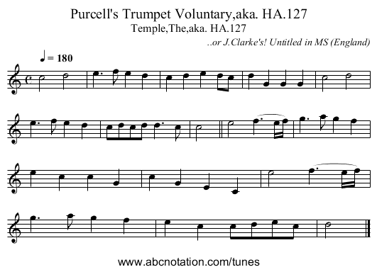 Purcell's Trumpet Voluntary,aka. HA.127 - staff notation