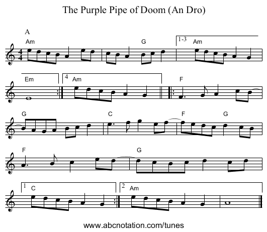 Purple Pipe of Doom (An Dro), The - staff notation