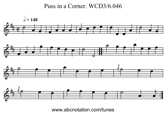 Puss in a Corner. WCD3/6.046 - staff notation
