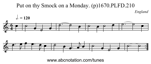 Put on thy Smock on a Monday. (p)1670.PLFD.210 - staff notation