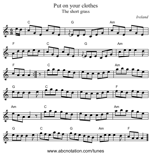 Put on your clothes - staff notation