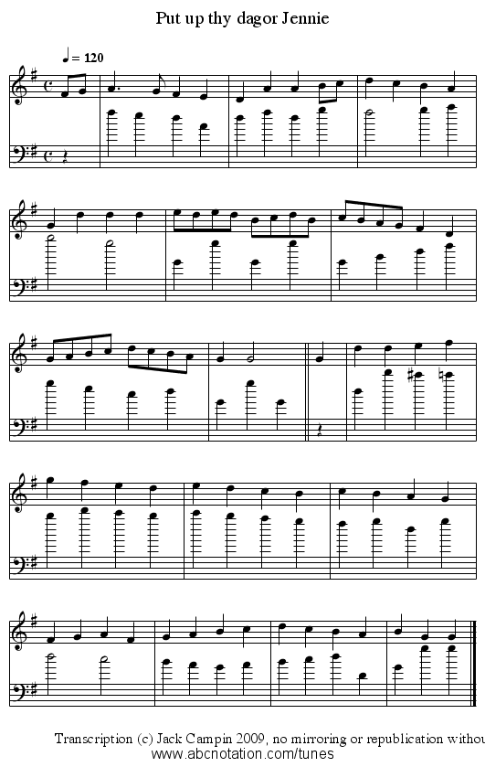 Put up thy dagor Jennie - staff notation