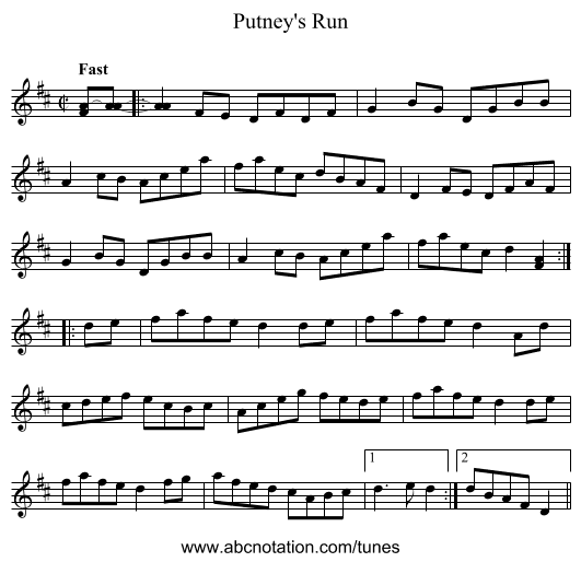 Putney's Run - staff notation
