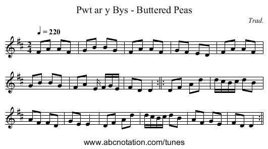 Pwt ar y Bys - Buttered Peas - staff notation