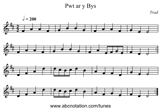 Pwt ar y Bys - staff notation