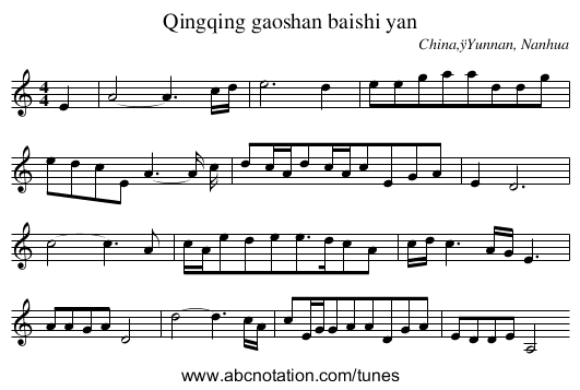 Qingqing gaoshan baishi yan - staff notation