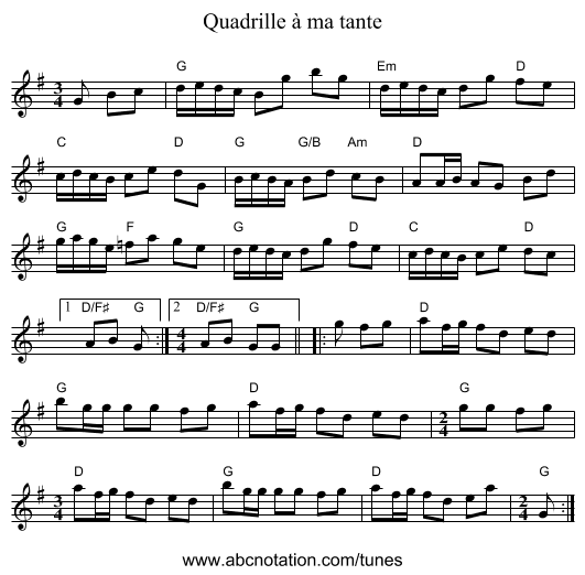 Quadrille à ma tante - staff notation