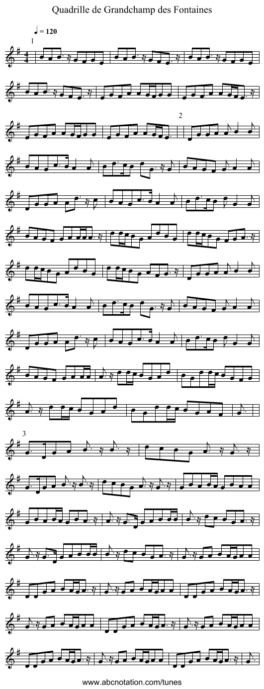 Quadrille de Grandchamp des Fontaines - staff notation