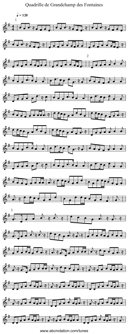 Quadrille de Grandchamp des Fontaines - staff notation