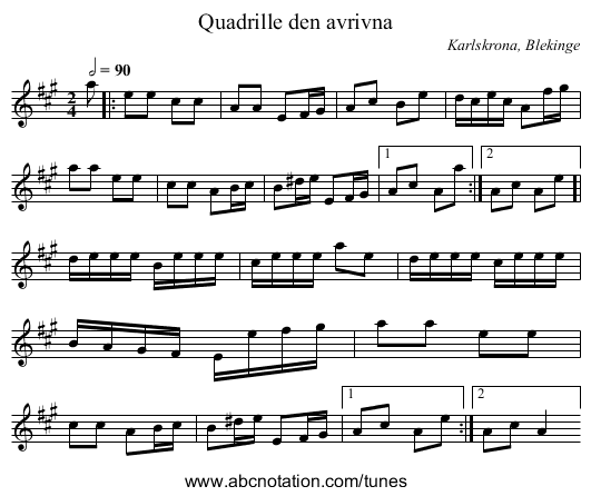 Quadrille den avrivna - staff notation