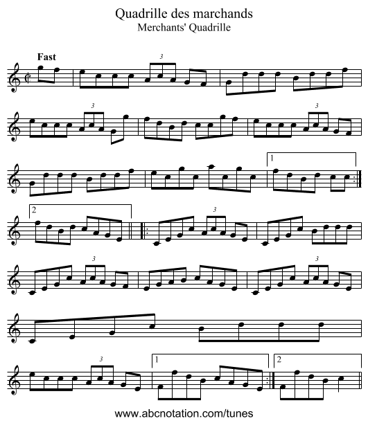 Quadrille des marchands - staff notation