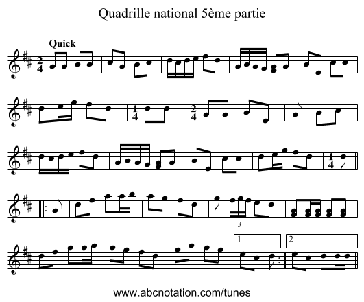 Quadrille national 5ème partie - staff notation