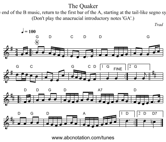 Quaker, The - staff notation