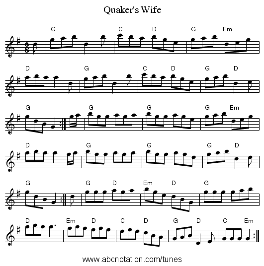 Quaker's Wife - staff notation